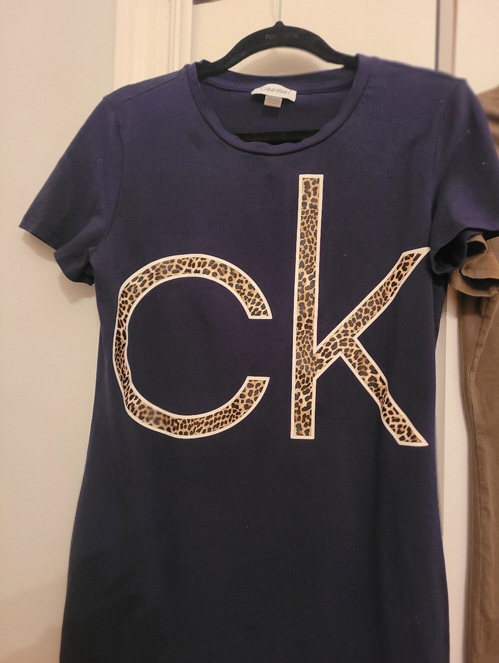 TWO Calvin Klein Navy & Olive Green Tee Dresses with Leopard Logo Detail - Picture 2 of 6